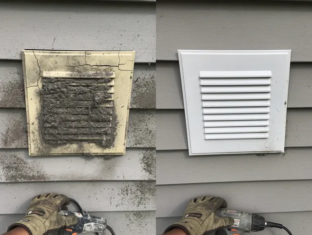 La Verne Dryer Vent Cleaning technician installing high-quality dryer vent cover at a residential property in La Verne